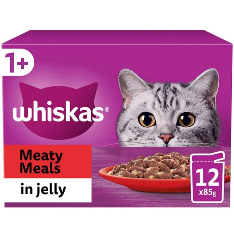 WHISKAS 1+ Cat Pouches Meaty Meals in Jelly 12x85g