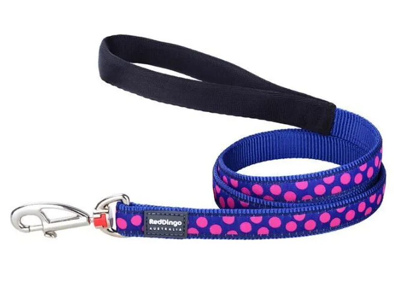 Red Dingo Spots Dog Lead Dark Blue and Pink Spots