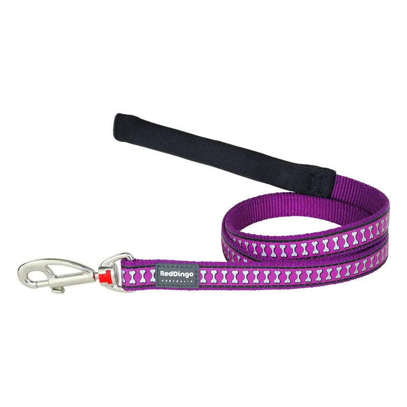 Red Dingo Dog Lead Reflective Bones Purple