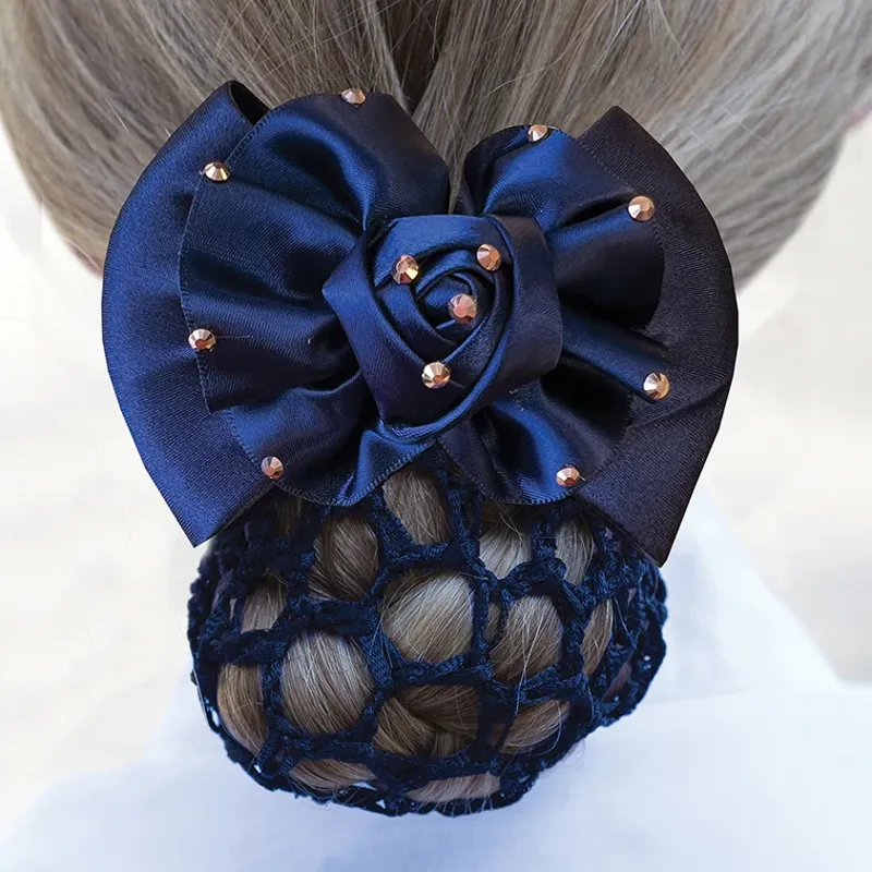Equetech Dressage Rosette Ribbon Bow and Net Navy Rose